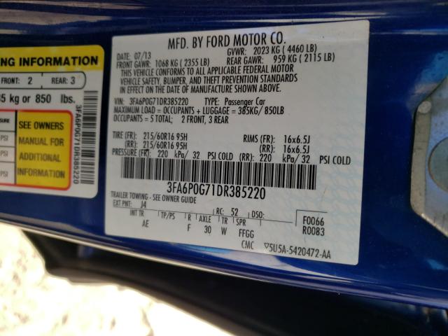 Photo 9 VIN: 3FA6P0G71DR385220 - FORD FUSION S 