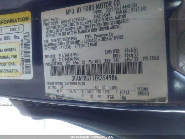 Photo 8 VIN: 3FA6P0G71ER354986 - FORD FUSION 