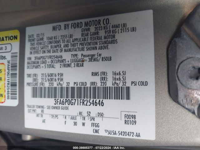 Photo 8 VIN: 3FA6P0G71FR254646 - FORD FUSION 