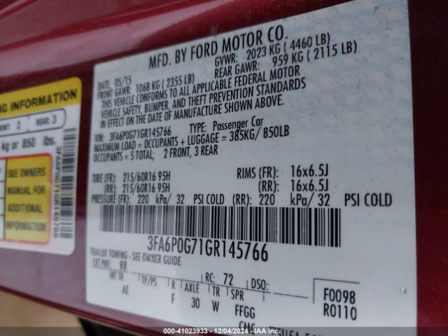 Photo 8 VIN: 3FA6P0G71GR145766 - FORD FUSION 