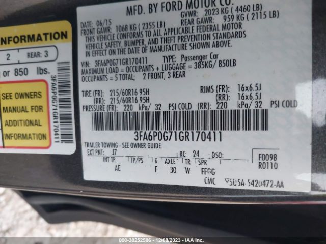 Photo 8 VIN: 3FA6P0G71GR170411 - FORD FUSION 