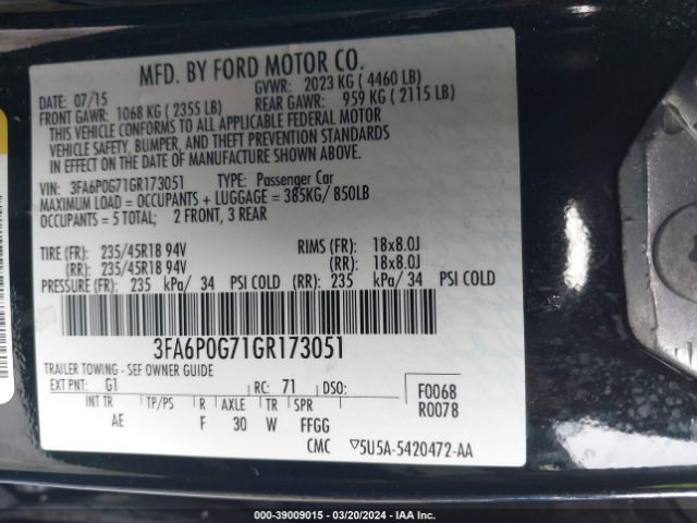 Photo 8 VIN: 3FA6P0G71GR173051 - FORD FUSION 