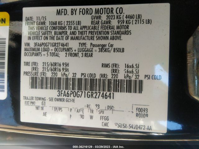 Photo 8 VIN: 3FA6P0G71GR274641 - FORD FUSION 