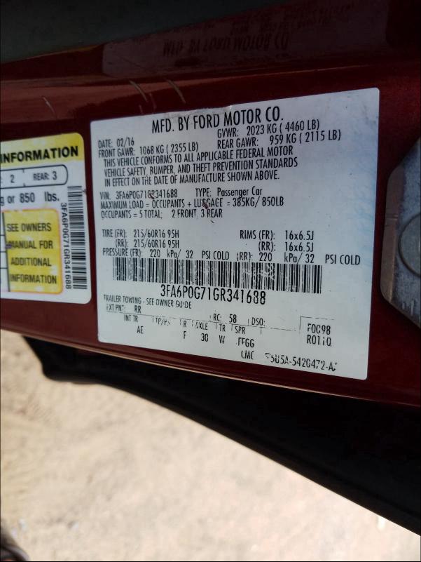 Photo 9 VIN: 3FA6P0G71GR341688 - FORD FUSION S 