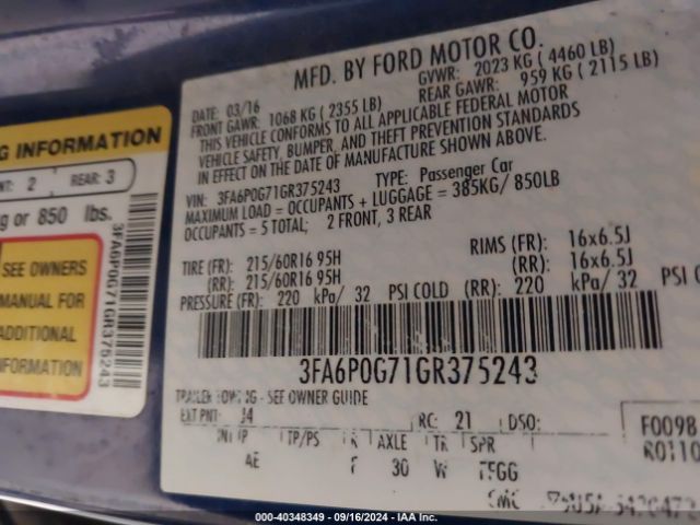 Photo 8 VIN: 3FA6P0G71GR375243 - FORD FUSION 