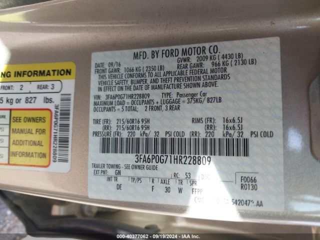 Photo 8 VIN: 3FA6P0G71HR228809 - FORD FUSION 