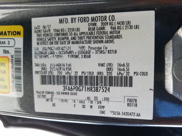 Photo 9 VIN: 3FA6P0G71HR387524 - FORD FUSION S 