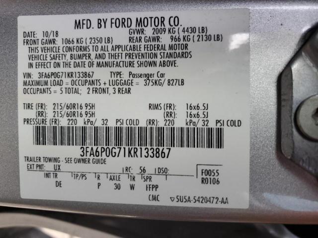 Photo 9 VIN: 3FA6P0G71KR133867 - FORD FUSION S 