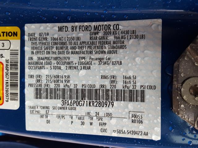 Photo 9 VIN: 3FA6P0G71KR280979 - FORD FUSION S 