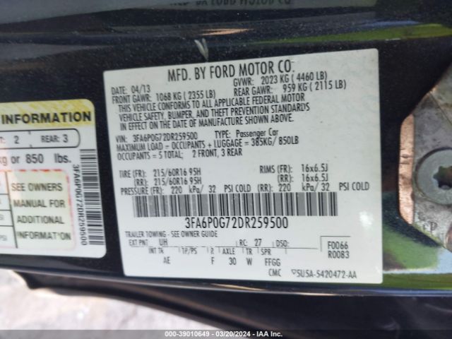 Photo 8 VIN: 3FA6P0G72DR259500 - FORD FUSION 