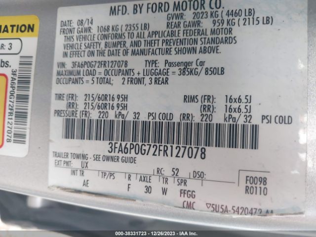 Photo 8 VIN: 3FA6P0G72FR127078 - FORD FUSION 