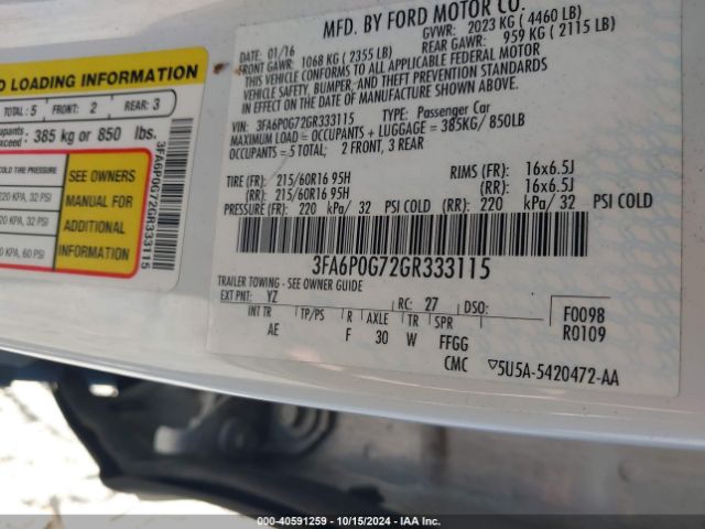 Photo 8 VIN: 3FA6P0G72GR333115 - FORD FUSION 