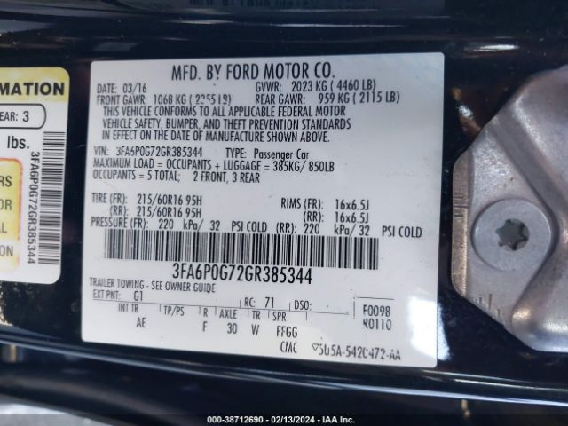 Photo 8 VIN: 3FA6P0G72GR385344 - FORD FUSION 