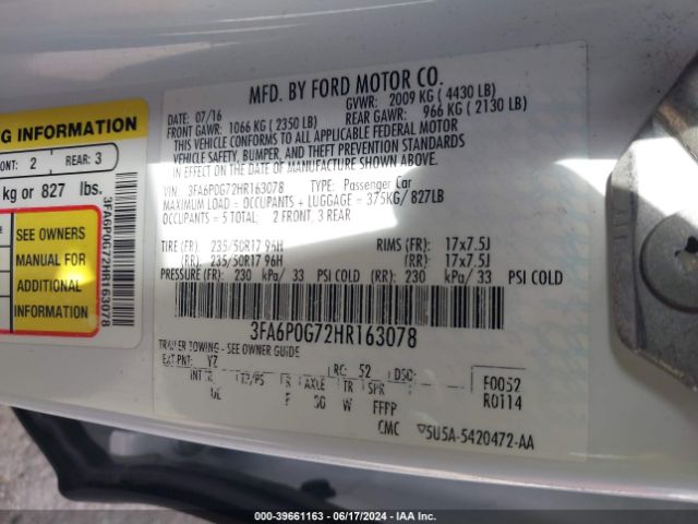 Photo 8 VIN: 3FA6P0G72HR163078 - FORD FUSION 