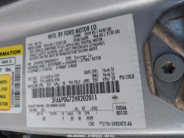 Photo 8 VIN: 3FA6P0G72HR202011 - FORD FUSION 