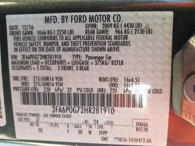 Photo 9 VIN: 3FA6P0G72HR281910 - FORD FUSION S 