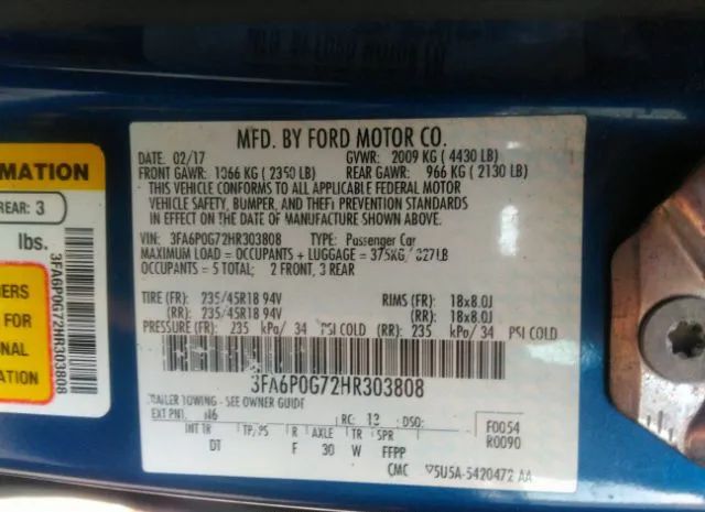 Photo 8 VIN: 3FA6P0G72HR303808 - FORD FUSION 