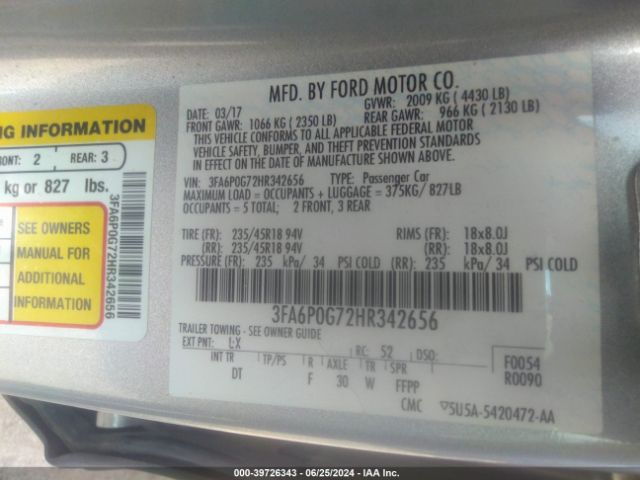 Photo 8 VIN: 3FA6P0G72HR342656 - FORD FUSION 