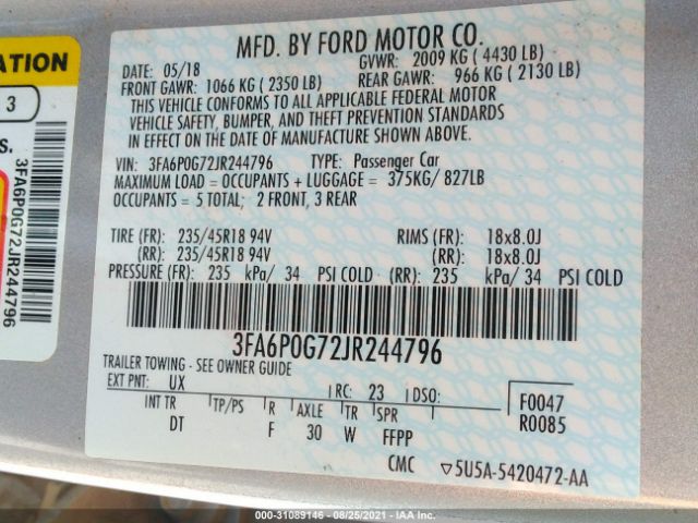 Photo 8 VIN: 3FA6P0G72JR244796 - FORD FUSION 