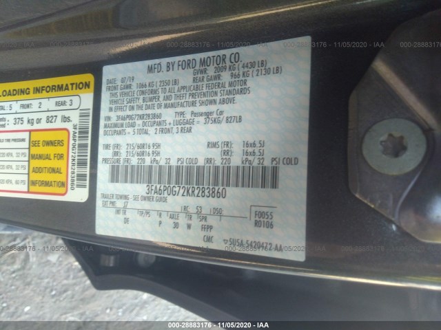 Photo 8 VIN: 3FA6P0G72KR283860 - FORD FUSION 