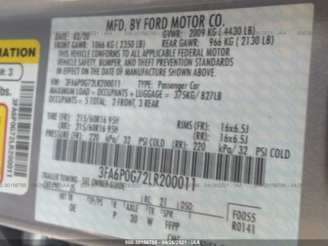 Photo 8 VIN: 3FA6P0G72LR200011 - FORD FUSION 