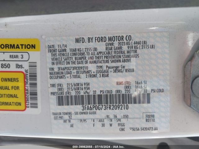 Photo 8 VIN: 3FA6P0G73FR209210 - FORD FUSION 