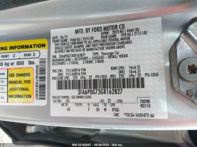 Photo 8 VIN: 3FA6P0G73GR162827 - FORD FUSION 