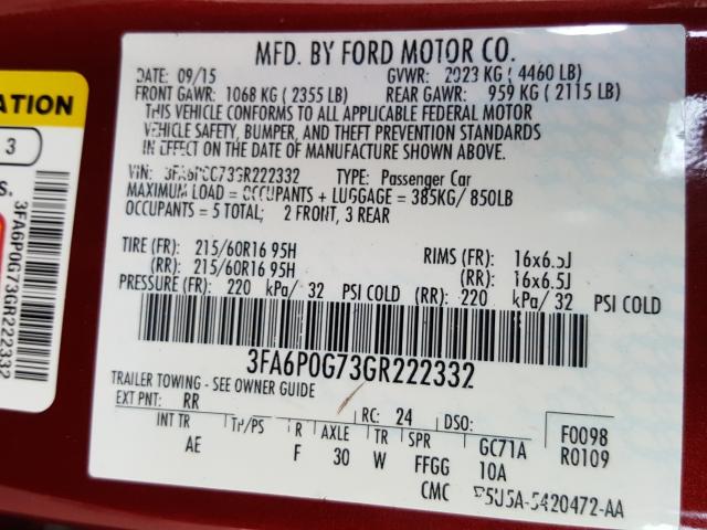 Photo 9 VIN: 3FA6P0G73GR222332 - FORD FUSION S 