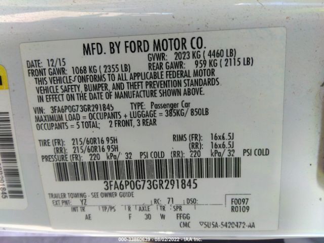 Photo 8 VIN: 3FA6P0G73GR291845 - FORD FUSION 