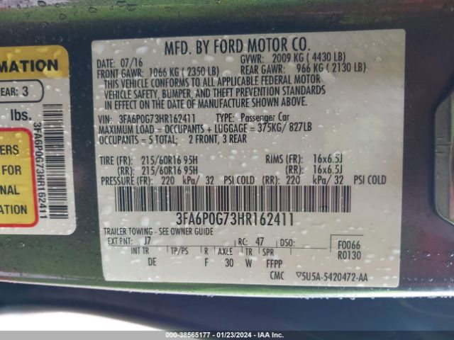 Photo 8 VIN: 3FA6P0G73HR162411 - FORD FUSION 