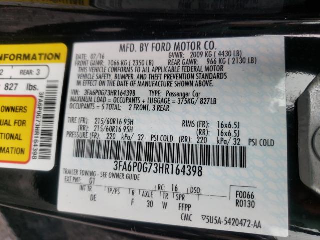 Photo 9 VIN: 3FA6P0G73HR164398 - FORD FUSION 