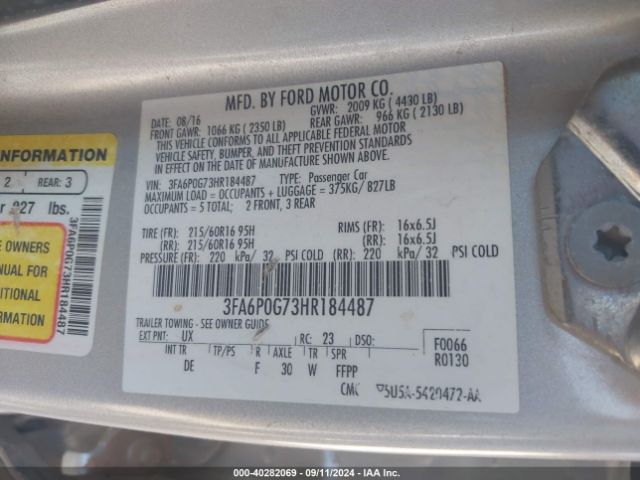 Photo 8 VIN: 3FA6P0G73HR184487 - FORD FUSION 