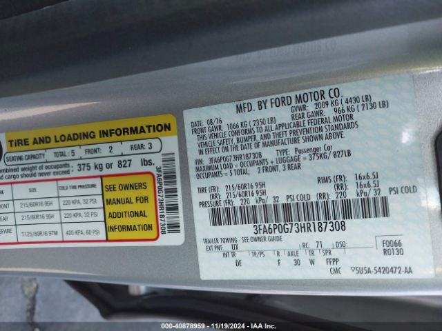 Photo 8 VIN: 3FA6P0G73HR187308 - FORD FUSION 