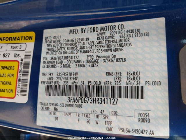 Photo 8 VIN: 3FA6P0G73HR341127 - FORD FUSION 