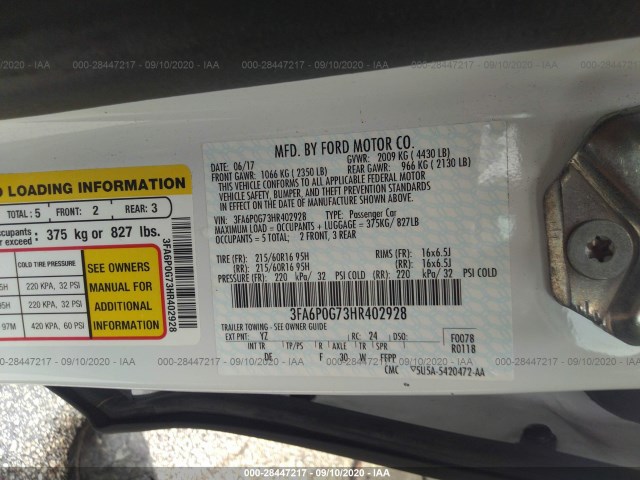 Photo 8 VIN: 3FA6P0G73HR402928 - FORD FUSION 