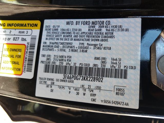 Photo 9 VIN: 3FA6P0G73KR228902 - FORD FUSION S 