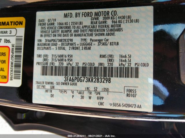 Photo 8 VIN: 3FA6P0G73KR283298 - FORD FUSION 