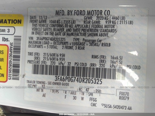 Photo 8 VIN: 3FA6P0G74DR205325 - FORD FUSION 