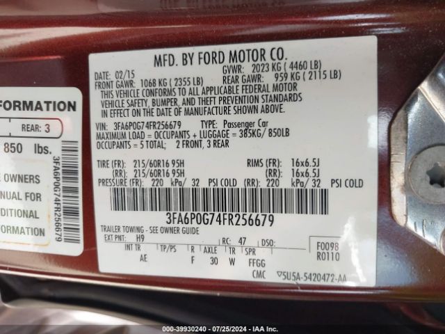 Photo 8 VIN: 3FA6P0G74FR256679 - FORD FUSION 