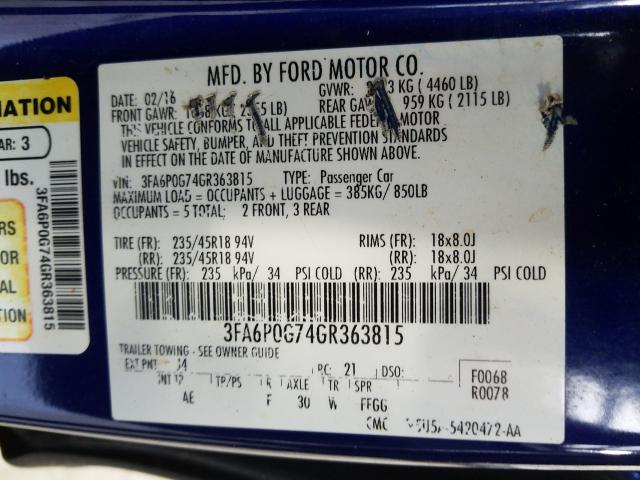 Photo 9 VIN: 3FA6P0G74GR363815 - FORD FUSION S 