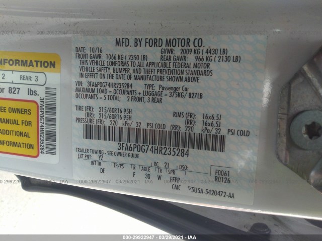 Photo 8 VIN: 3FA6P0G74HR235284 - FORD FUSION 