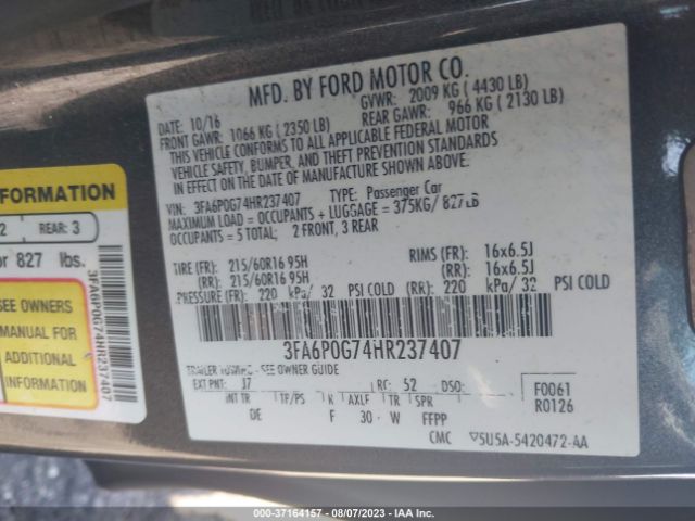 Photo 8 VIN: 3FA6P0G74HR237407 - FORD FUSION 