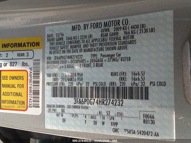 Photo 8 VIN: 3FA6P0G74HR274232 - FORD FUSION 