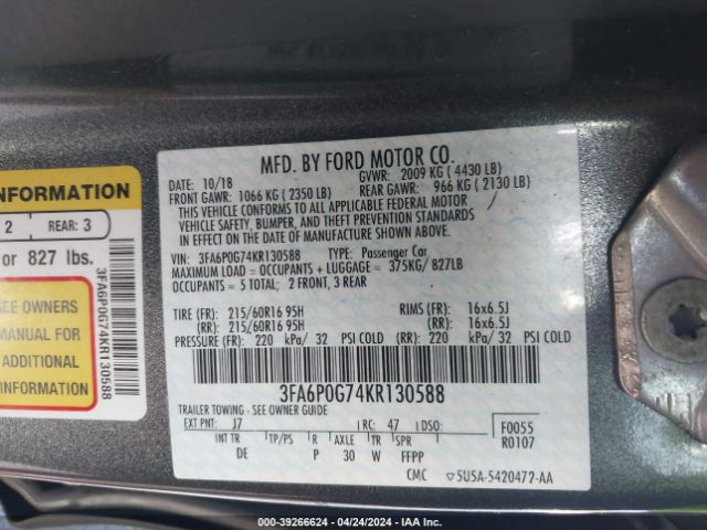 Photo 8 VIN: 3FA6P0G74KR130588 - FORD FUSION 