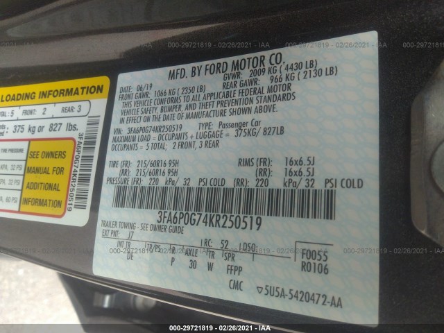 Photo 8 VIN: 3FA6P0G74KR250519 - FORD FUSION 