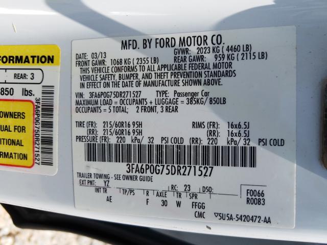 Photo 9 VIN: 3FA6P0G75DR271527 - FORD FUSION S 