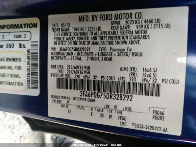 Photo 8 VIN: 3FA6P0G75DR328292 - FORD FUSION 