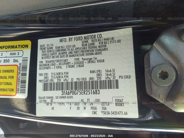 Photo 8 VIN: 3FA6P0G75ER251683 - FORD FUSION 