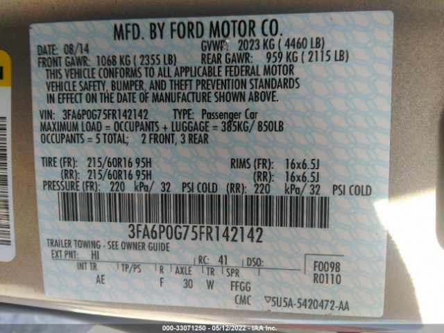 Photo 8 VIN: 3FA6P0G75FR142142 - FORD FUSION 