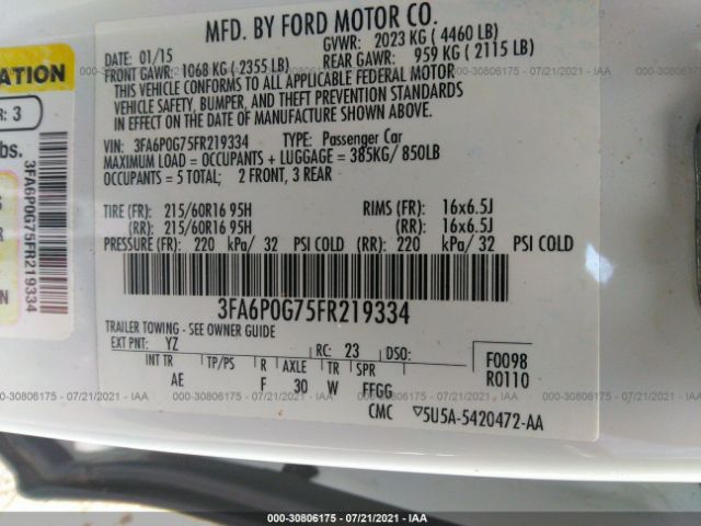 Photo 8 VIN: 3FA6P0G75FR219334 - FORD FUSION 